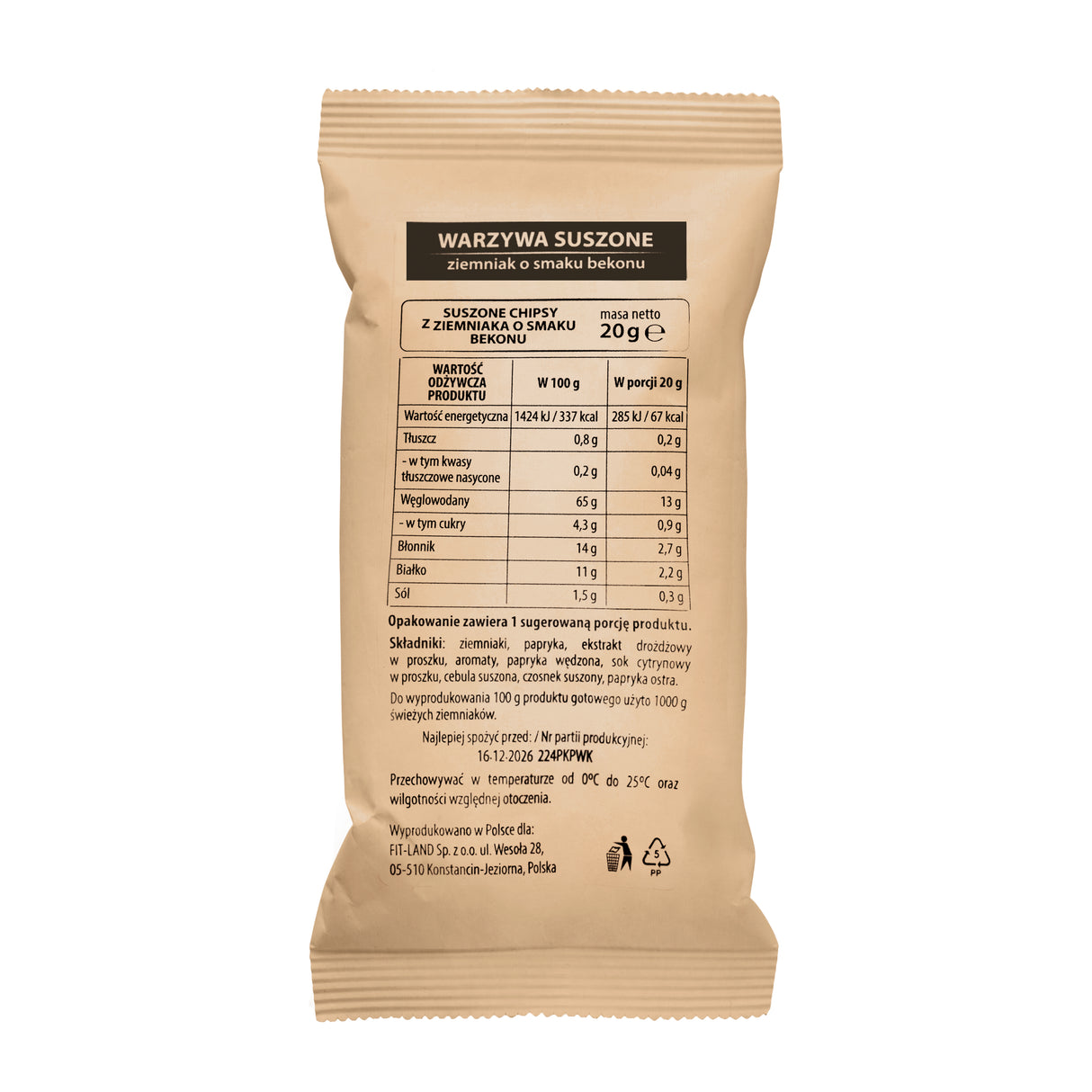 Suszone chipsy z ziemniaka o smaku bekonu 20 g - Chipsy i chrupki - Fit-Land - Sklep Fit-Land - Kup na www