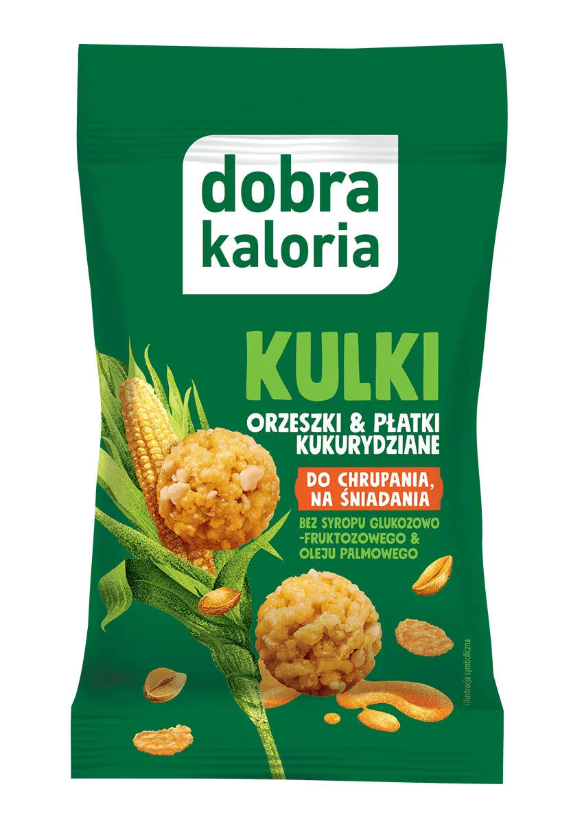 Dobra Kaloria Kulki śniadaniowe Orzeszki Ziemne i Płatki Kukurydziane 32 g - Kulki mocy - Kubara Sp