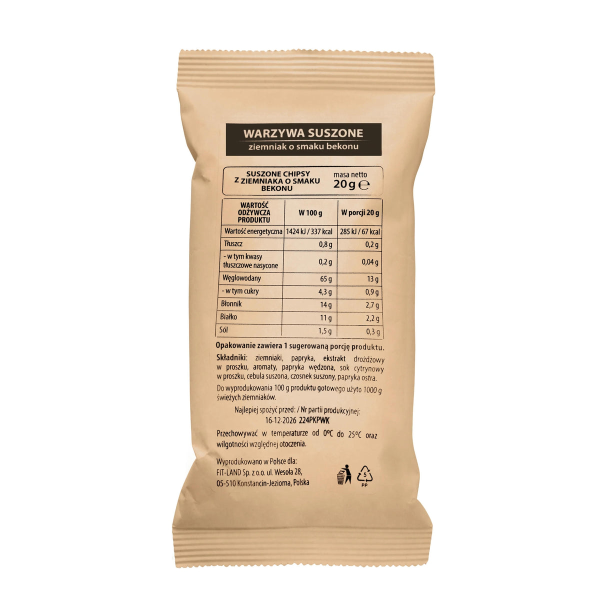 Suszone chipsy z ziemniaka o smaku bekonu 20 g - Chipsy warzywne - Fit-Land - Sklep Fit-Land - Kup na www