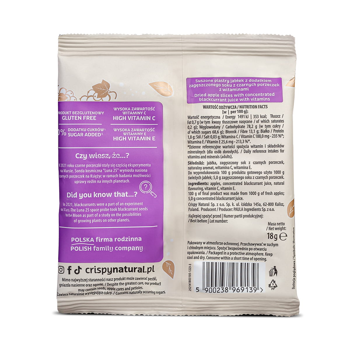 CRISPY NATURAL Jabłka ze smakiem - Czarna porzeczka - Suszone chipsy z jabłek - Suszone chipsy - Crispy Natural - Sklep Fit-Land - Kup na www