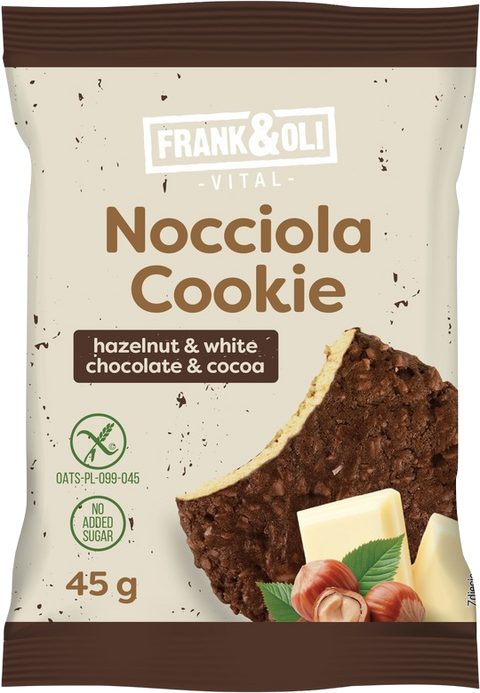 Frank&Oli Ciastkeczko owsiane Nocciola Cookie Orzech, Biała czekolada 45 g